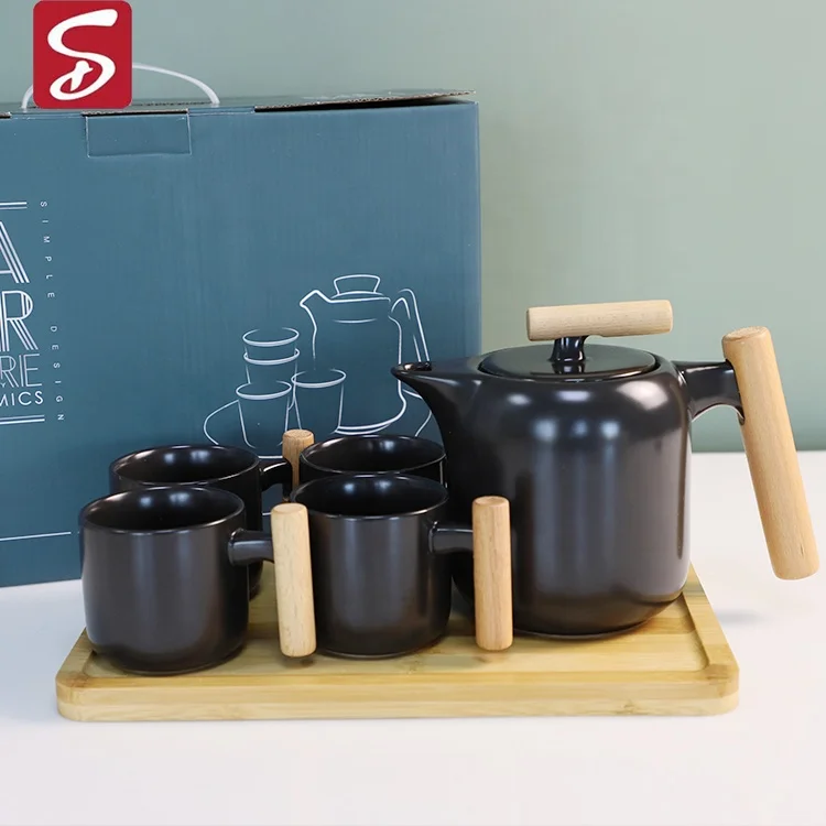 Wholesale Ceramic Tea Set 30oz Teapot With Stainless Infuser & Tea Mugs & Bamboo Tray, Wood Handle Tea Sets, For Holiday Gift