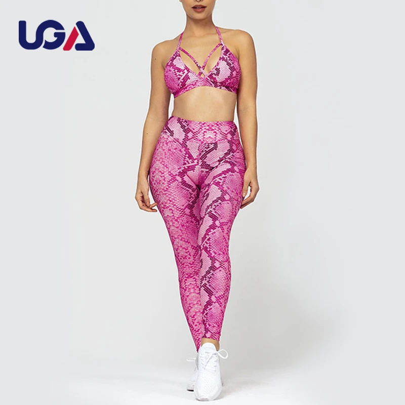 Women Compression Elastic Butt Lift Snake Skin Printed Yoga Wear Set Quick Dry Fitness Leggings Bra Yoga Set