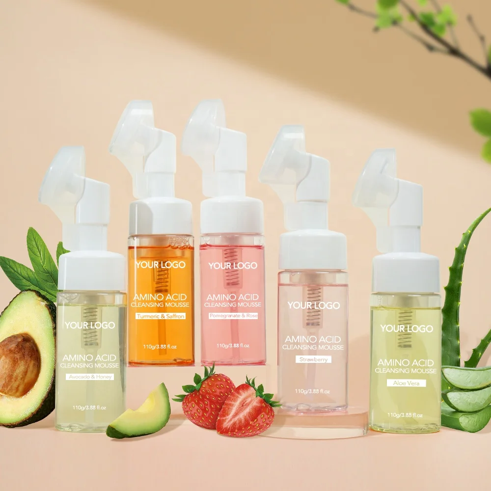 Private Label Aloe Vera Turmeric Amino Acid Facial Cleanser Mousse Moisturizing Brightening Face Wash With Brush