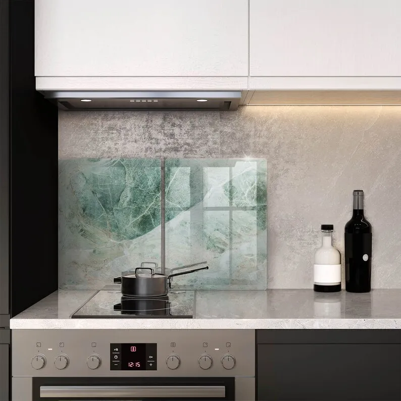 Stone Structure Tempered Glass Splashback as Splash Guard Backsplash Panel in Kitchen with Green Culinary Decor