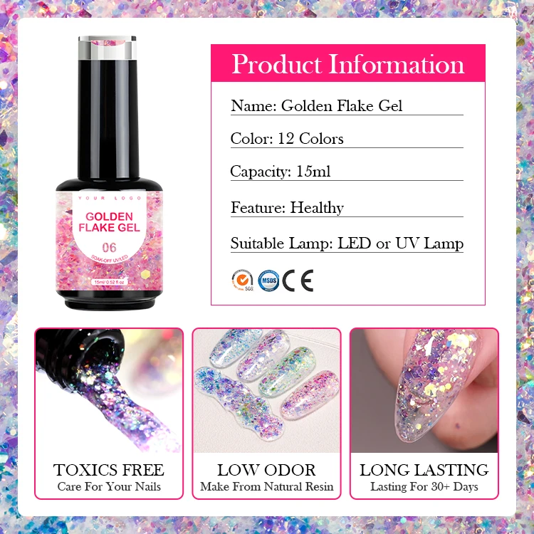 Factory Price OEM Golden Light Color Flake Gel Thick Cover Nail Gel Polish