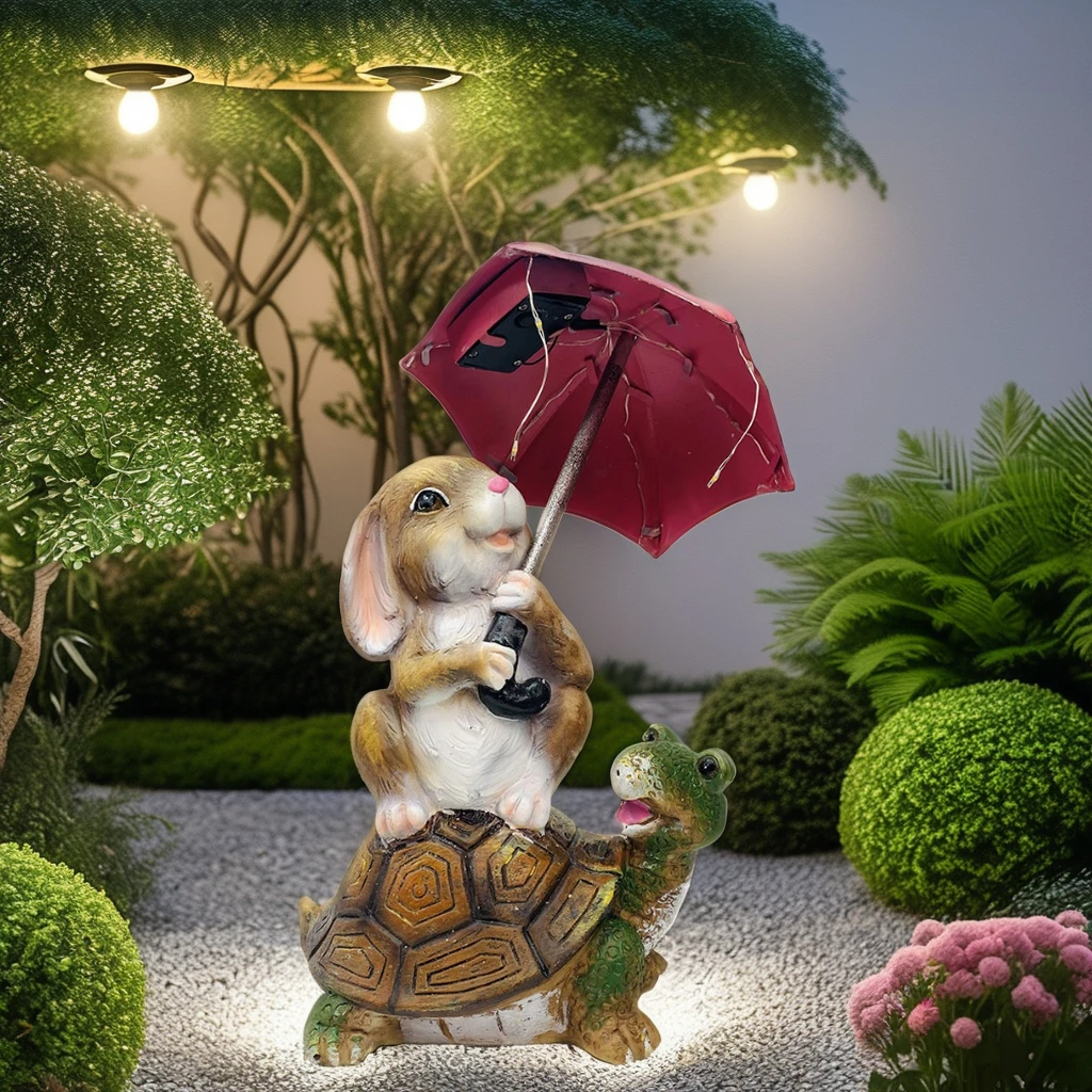 Пасхальный кролик Солнечная садовая статуя уличный сидение на черепахе держащий зонт гирлянда