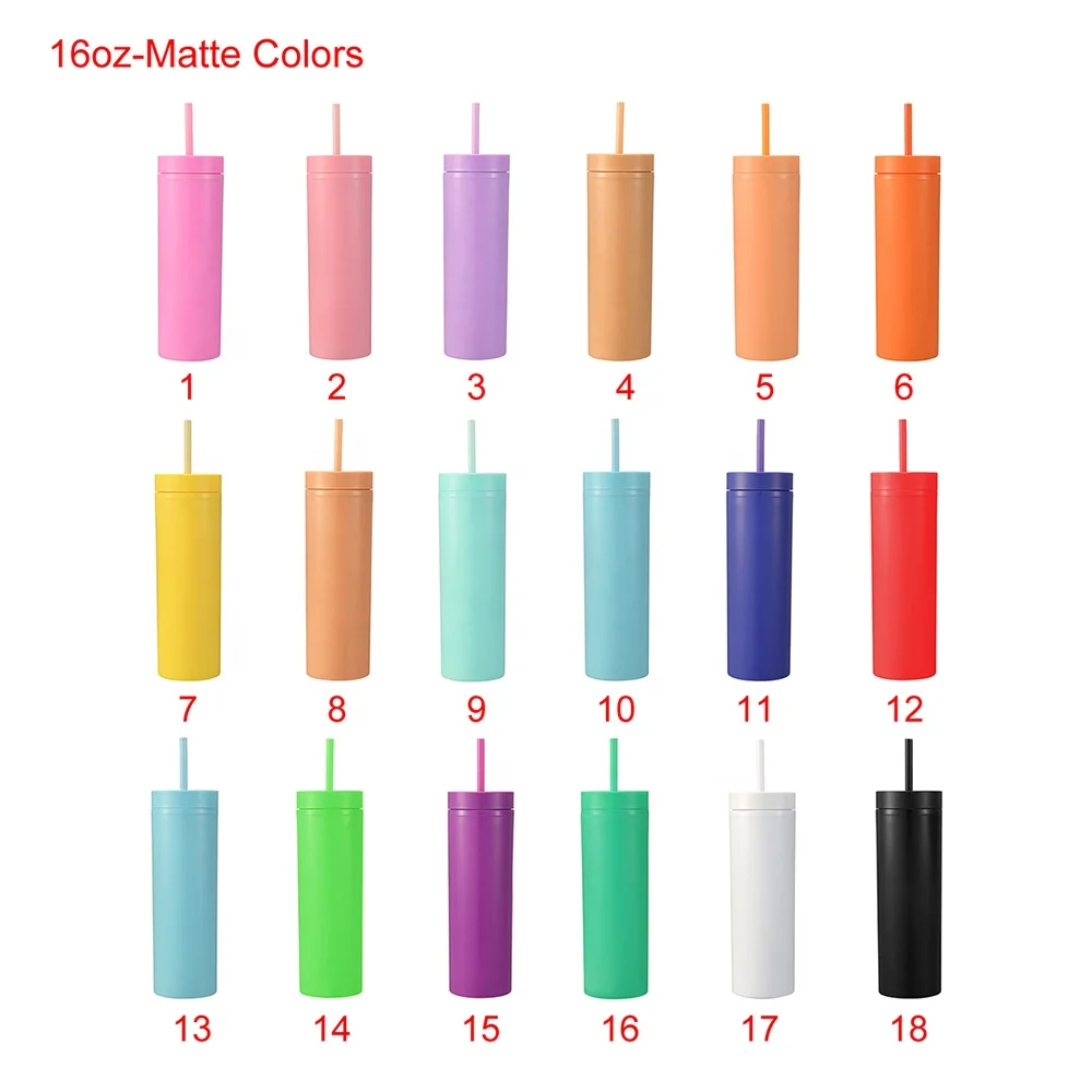 Customized 16oz Skinny Tumblers with Lids and Straws Colored  Acrylic Tumbler Tall Matte Skinny Tumblers