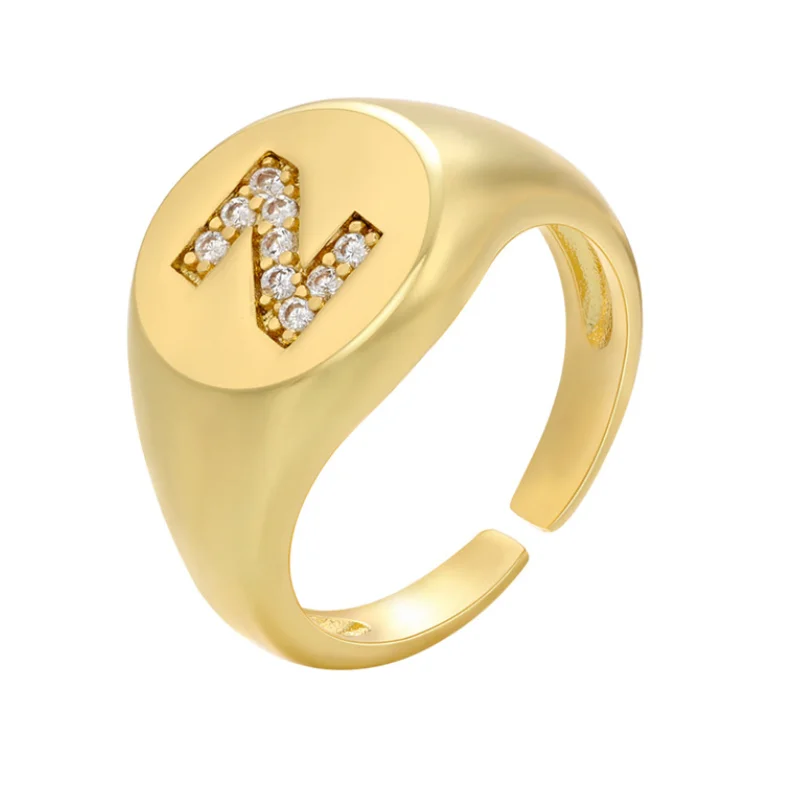 Advanced  Stainless Steel Diamond Inset Round Custom Letter Ring Opening Plated 18 K Gold Exquisite Fashion Girl Ring Wholesale