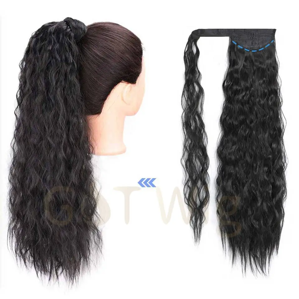 G&T Wig Long Corn Wave Ponytail Extension Synthetic Wrap Around Ponytail Black Curly Hairpiece for Women (1B,22 inch)