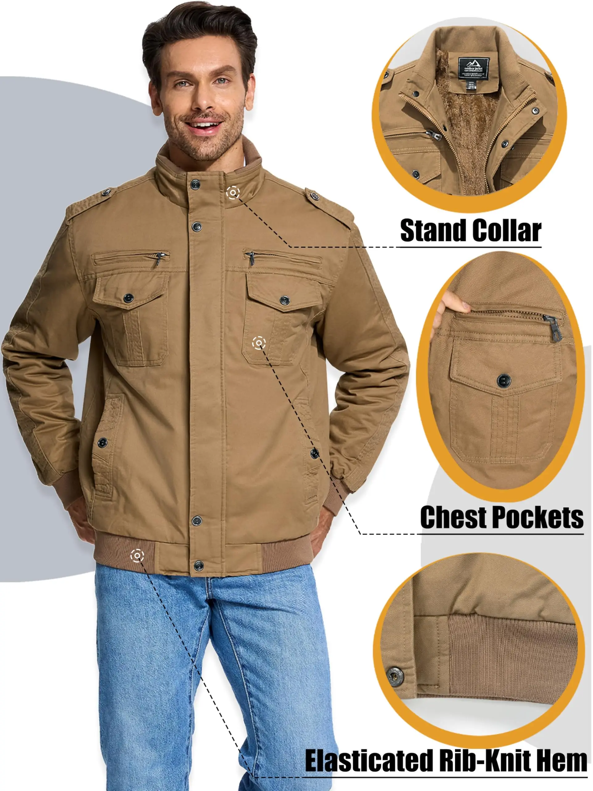 Fleece Parkas Jacket For Men Windproof Cargo Clothing With Multi-Pockets Wind Breaker Jacket Coats Outdoor Casual Workwear