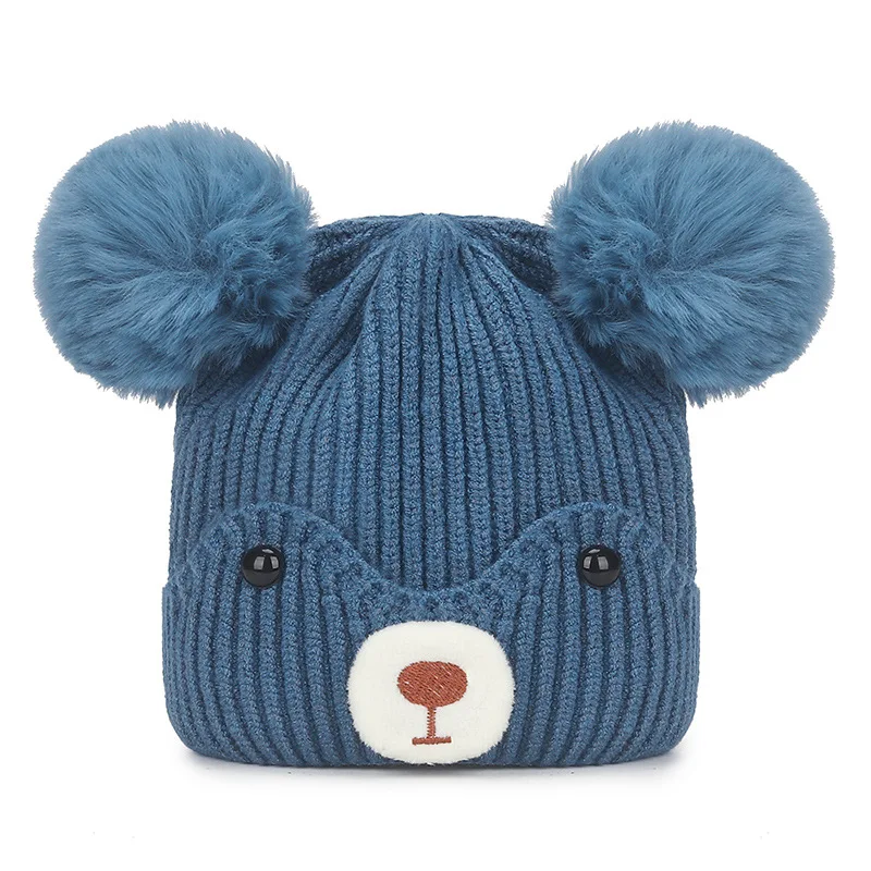 Winter Stripe Cashmere Rabbit Fur Plush Soft Thicken Wool Chunky Warm Beer Cute Pom Pom Skullies Beanie Knitted Hat For Kids
