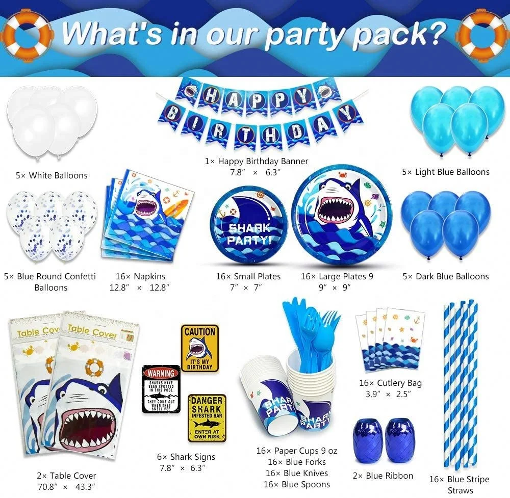 Shark Party Supplies Set - Blue Ocean Pool Party Decorations for Boys Kids Birthday Banner Signs Balloons Cutlery Bag