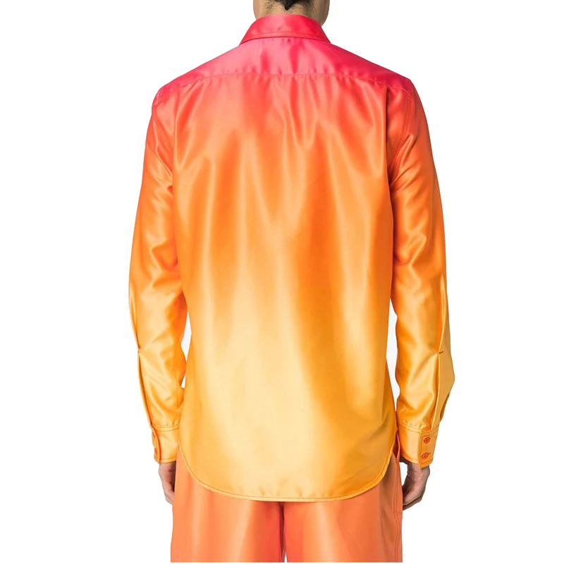 Gradient Satin Shirts for Men Custom High Quality Orange and Yellow Casual Shirts Long Sleeve Gradient Shirt Full Satin Fabric