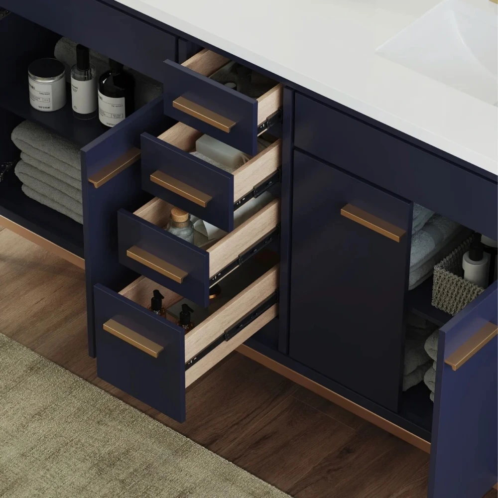 Modern Double Basin Golden Handle Blue Bathroom Vanity With Mirror 60inch Artificial Marble Top Vanities Luxury Bathroom