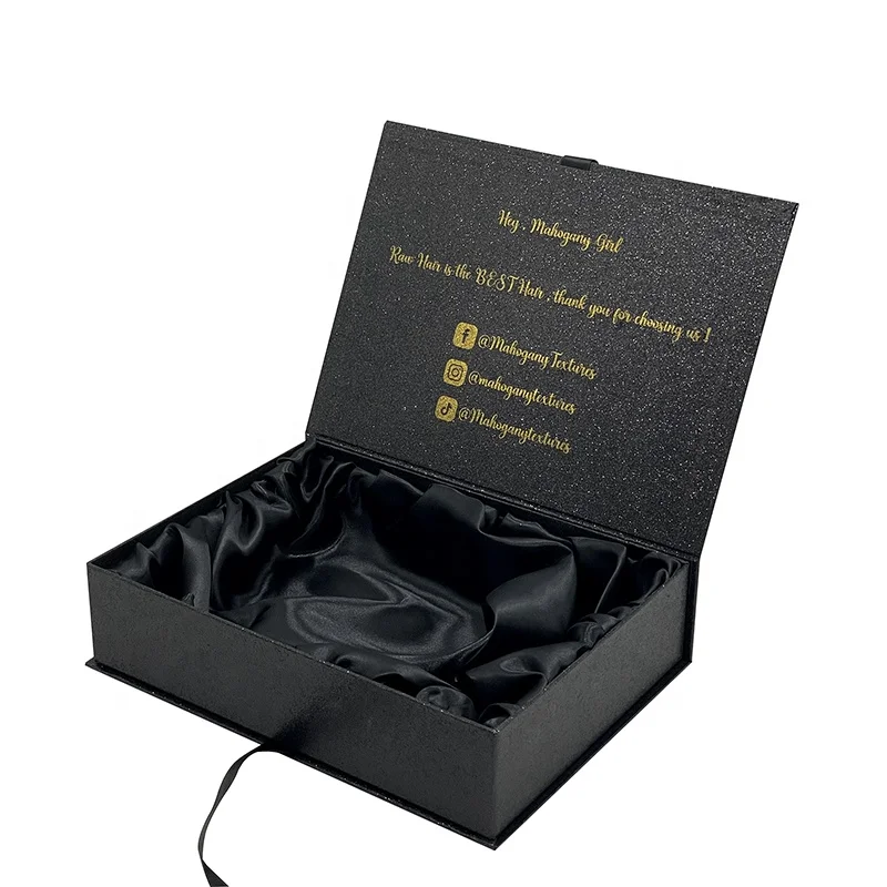 Luxury Black Wigs Box with Satin Insert Custom Human Hair Accessories Packaging Magnetic Lid Cardboard Beauty Box with Ribbon