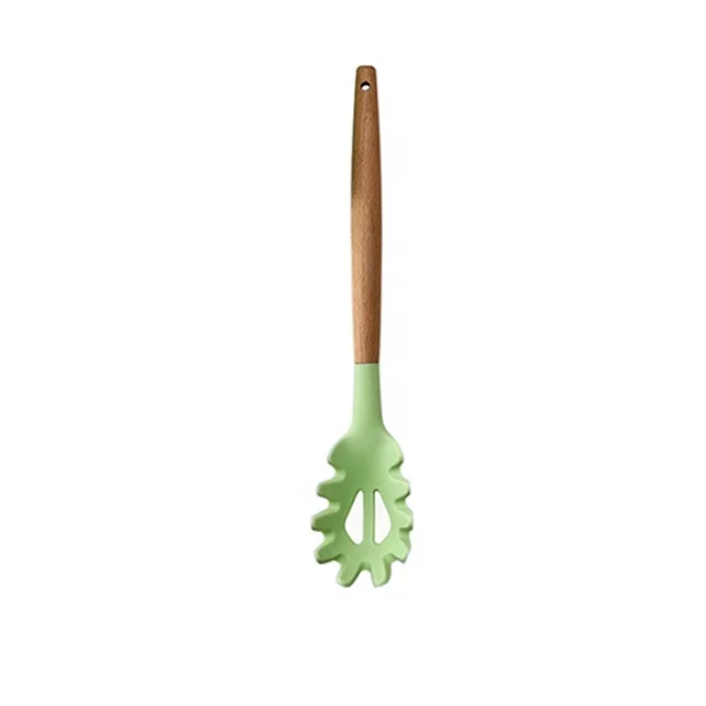 Heat Resistance Green Silicone Kitchenware Wooden Handle Spoon Spatula Turner Ladle Tongs Kitchen Utensils Set Cookware