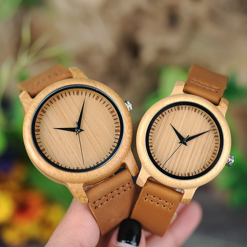 Chinese Factory Hot Sale Oem Hand Making Leather Band Men and Women Bamboo Couple Watch Lovers Pair wood Watches for Couples