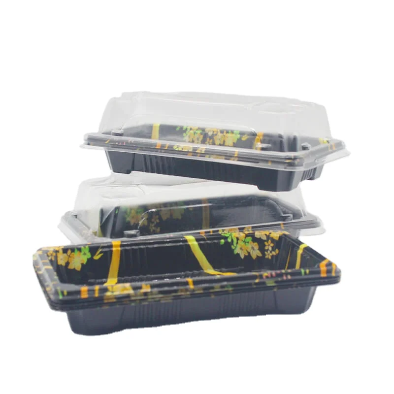 Disposable plastic high-end printed sushi box with disc takeout packing box sashimi tray