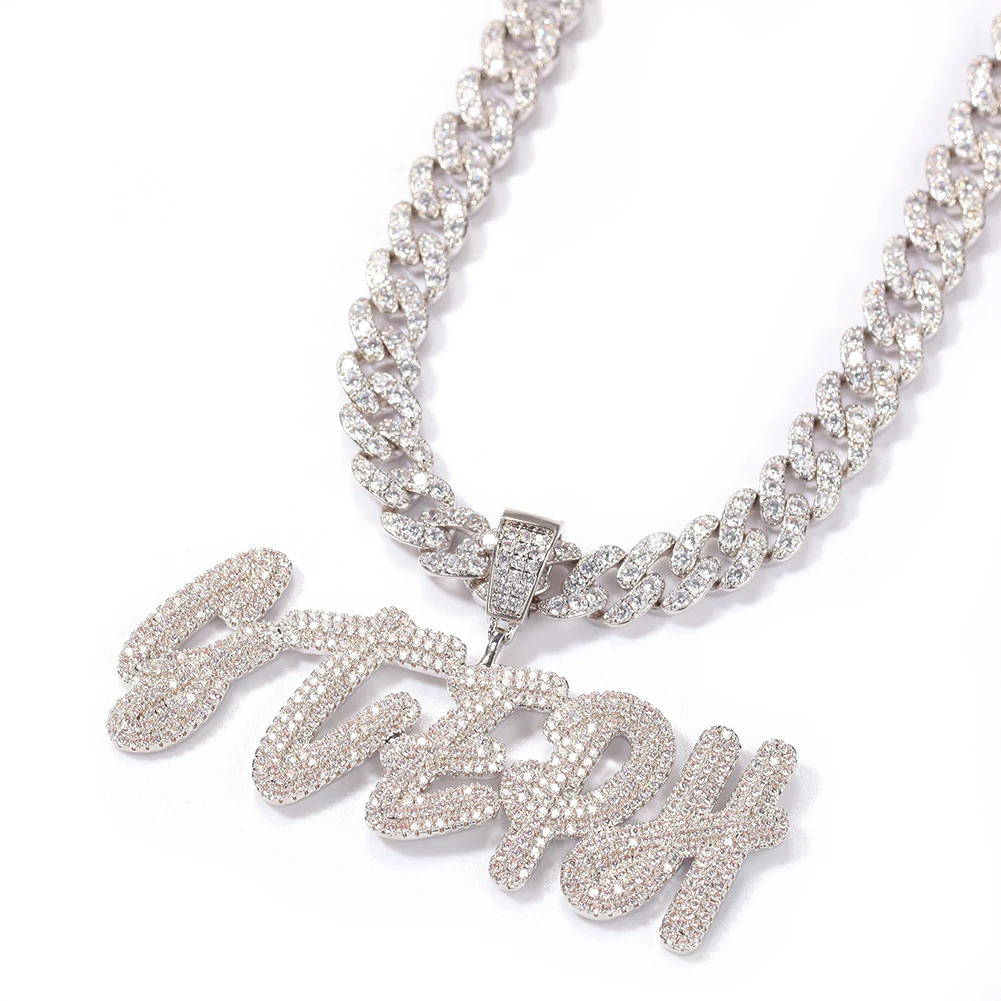 Iced Out 9mm Cuban Link Chain Necklace Custom Name Cursive Font Letter Pendant Hip Hop Silver Women Men Trendy Jewelry