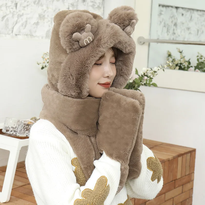 Women Outdoor Warm Winter Hats Set Girls Earflap Caps Cartoon Fur Hat Scarf Gloves One Piece Set