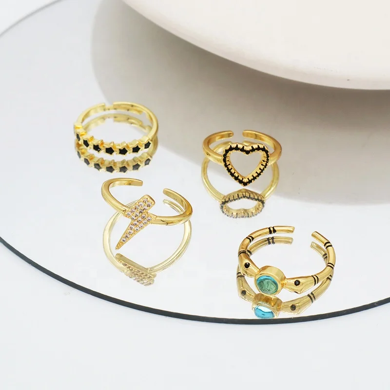 Wholesale Factory Heart Shape Two snake Finger Ring Opening Adjustable Gold Plated Heart Star Lightning Snake Ring For Women