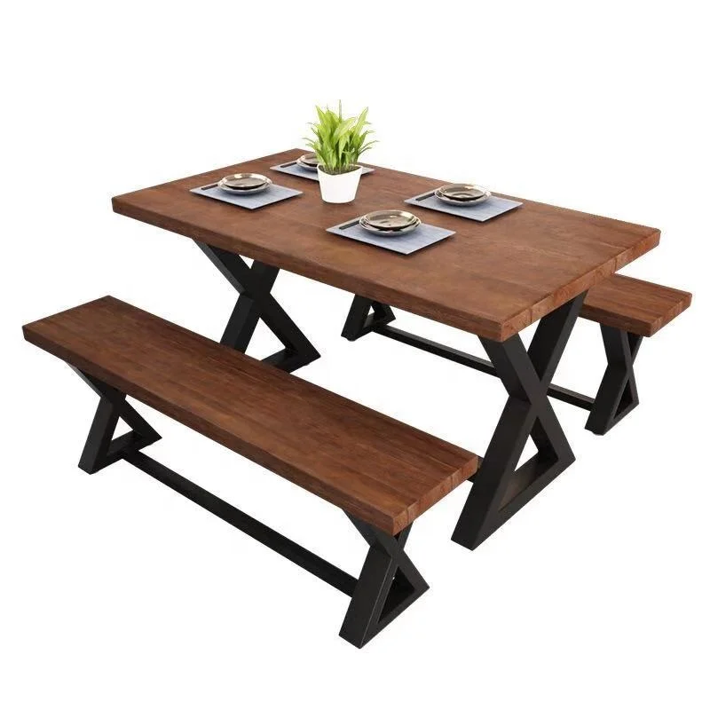 Ресторанная мебель, обеденный стол со скамейкой, металлическая ножка, стол из цельной древесины, быстрое производство