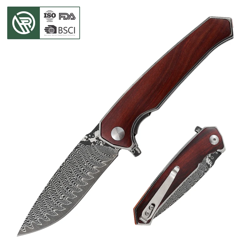 Free Sample 2024 New Design Damascus Steel Folding Pocket Knife With Rosewood Handle Collectible Tactical Knife For Wholesale