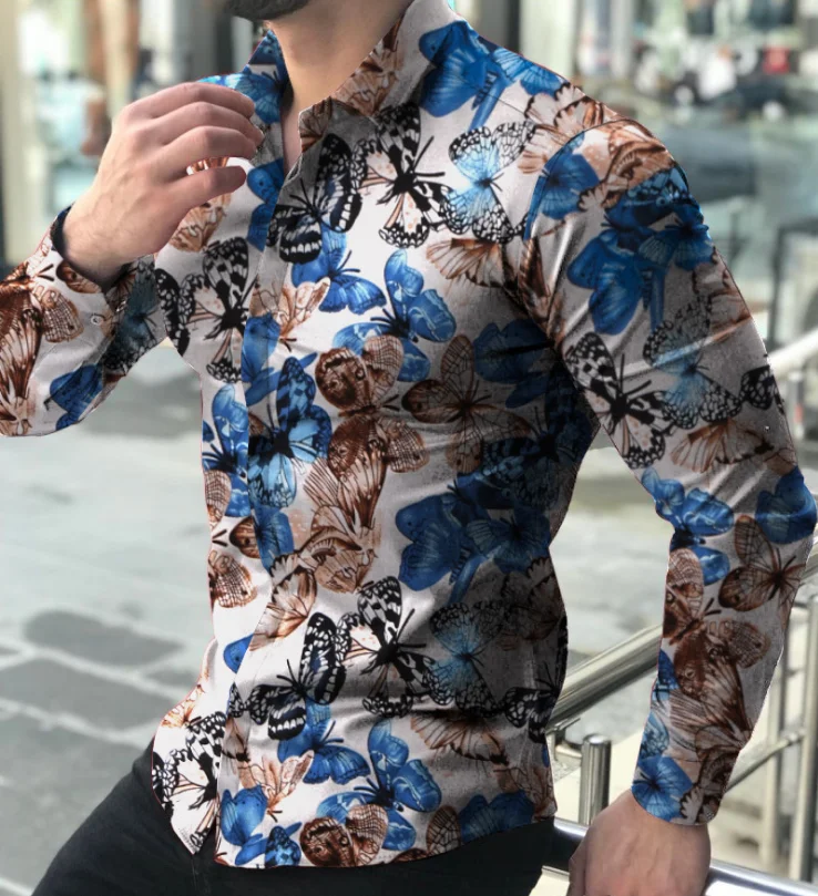 2021 wholesale slim fit man tops butterfly print shirts long sleeve men shirt