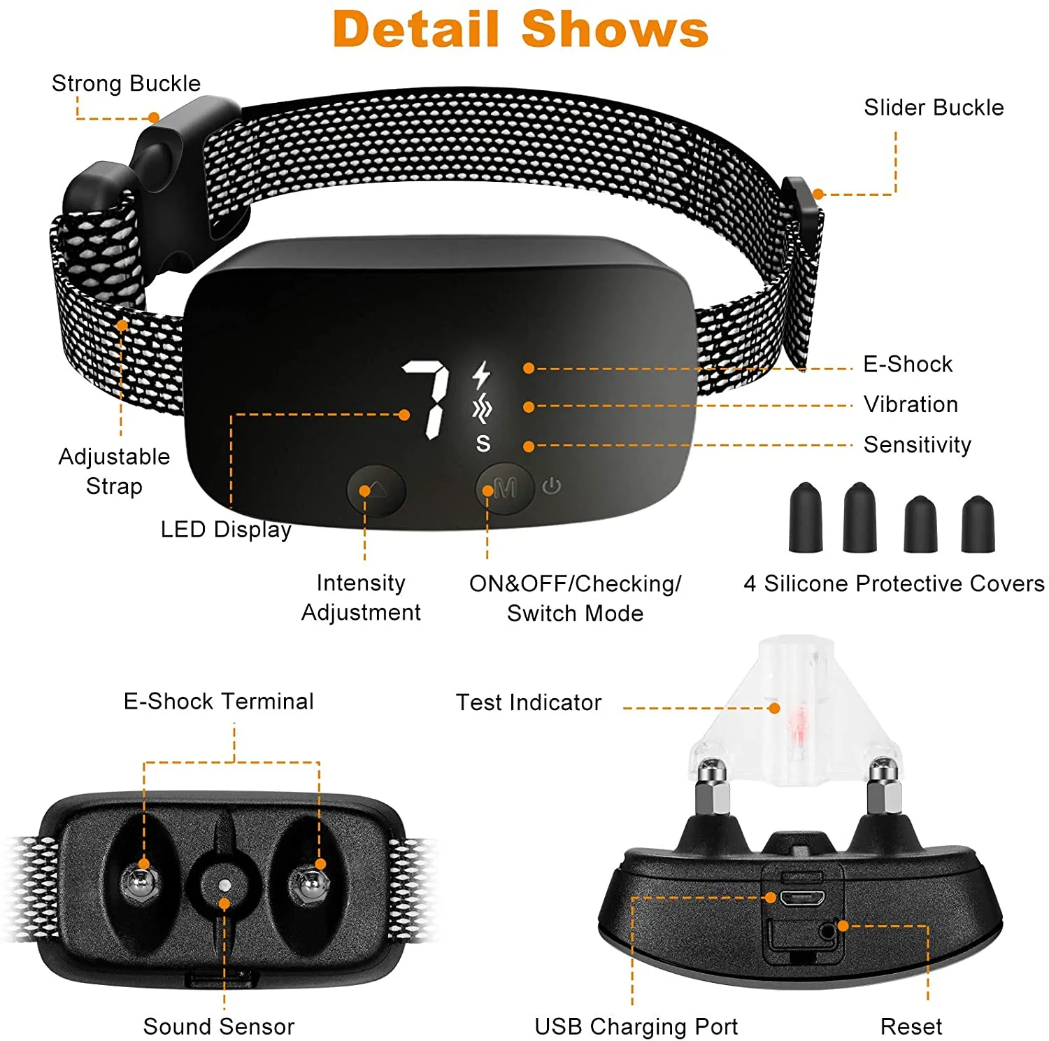 Bark Collar with Adjustable Sensitivity Beep Vibration and Optional Shock IP67 Rechargeable Dog Bark Collar