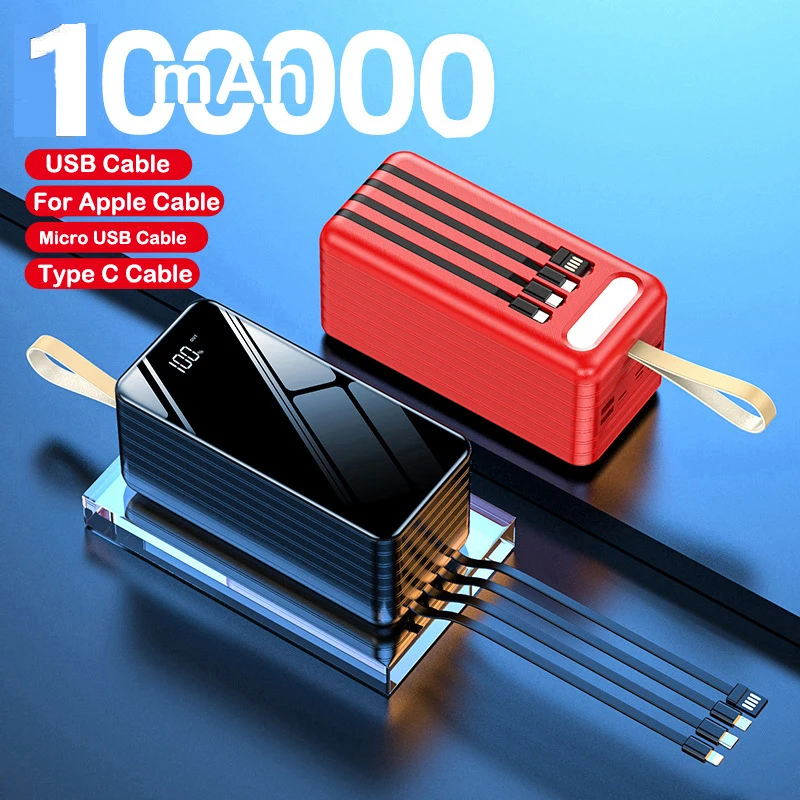 Пользовательский логотип цифровой дисплей большой емкости power bank 100000 мАч 80000 портативное зарядное устройство общий Power Bank со встроенным кабелем