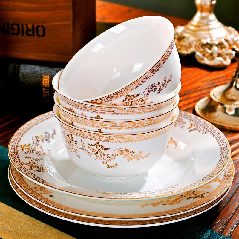 Dinner Sets Bowl and Dish Dinnerware Set Design Royal Porcelain Luxury 28pcs Household Gold Carton Party Ceramic for 6 Users