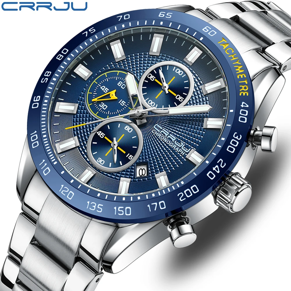 100% CRRJU Brand New Original Stock Silver Luxury Men Quartzes Chronograph Luminous Sports Supplier Watch