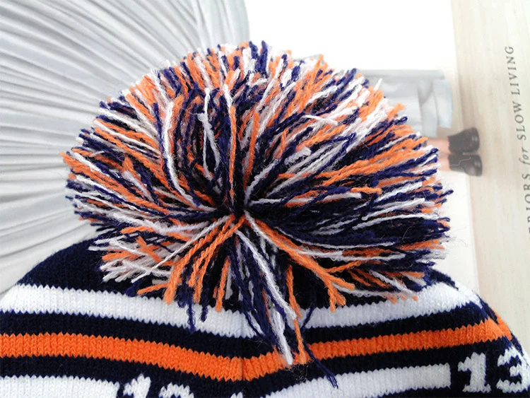 Winter Hat With Top Ball Custom Jacquard Design Acrylic Knit Pom Beanie Men For Football Team Pom Pom Beanie