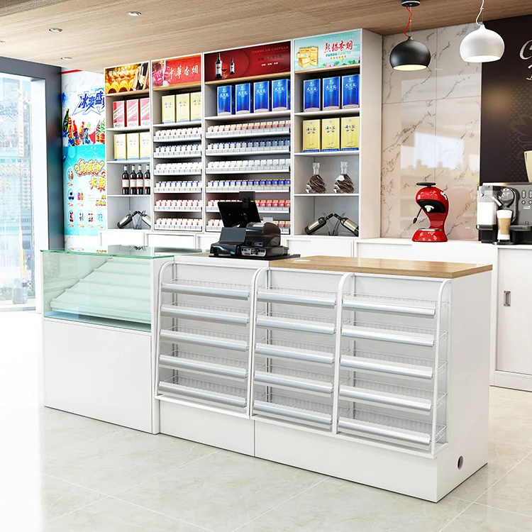 Movable Store Checkout Counter with Cigarette Glass Display Cabinet for Stores, Shops, Pharmacy