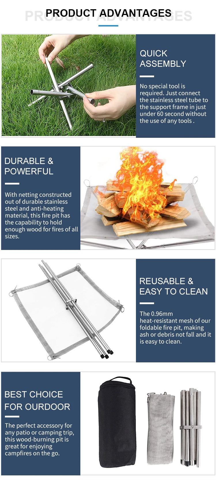 High Quality 22inch Folding Burning Furnace Firewood Burning Stand Outdoor Stainless Steel Portable Foldable Fire Pit