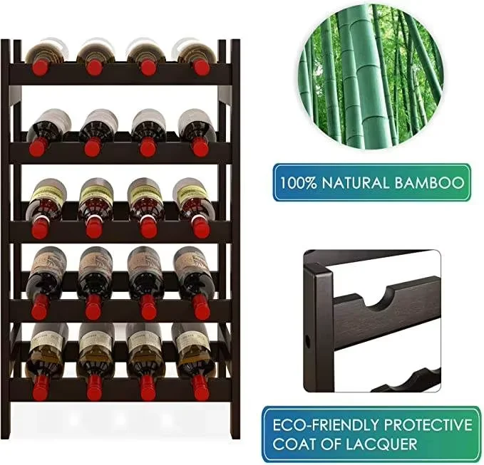 20 Bottles and 5 Tiers Bamboo Wine Rack Easy Assemble Free Standing Bar Glass Wine Storage Shelves for Kitchen  Pantry