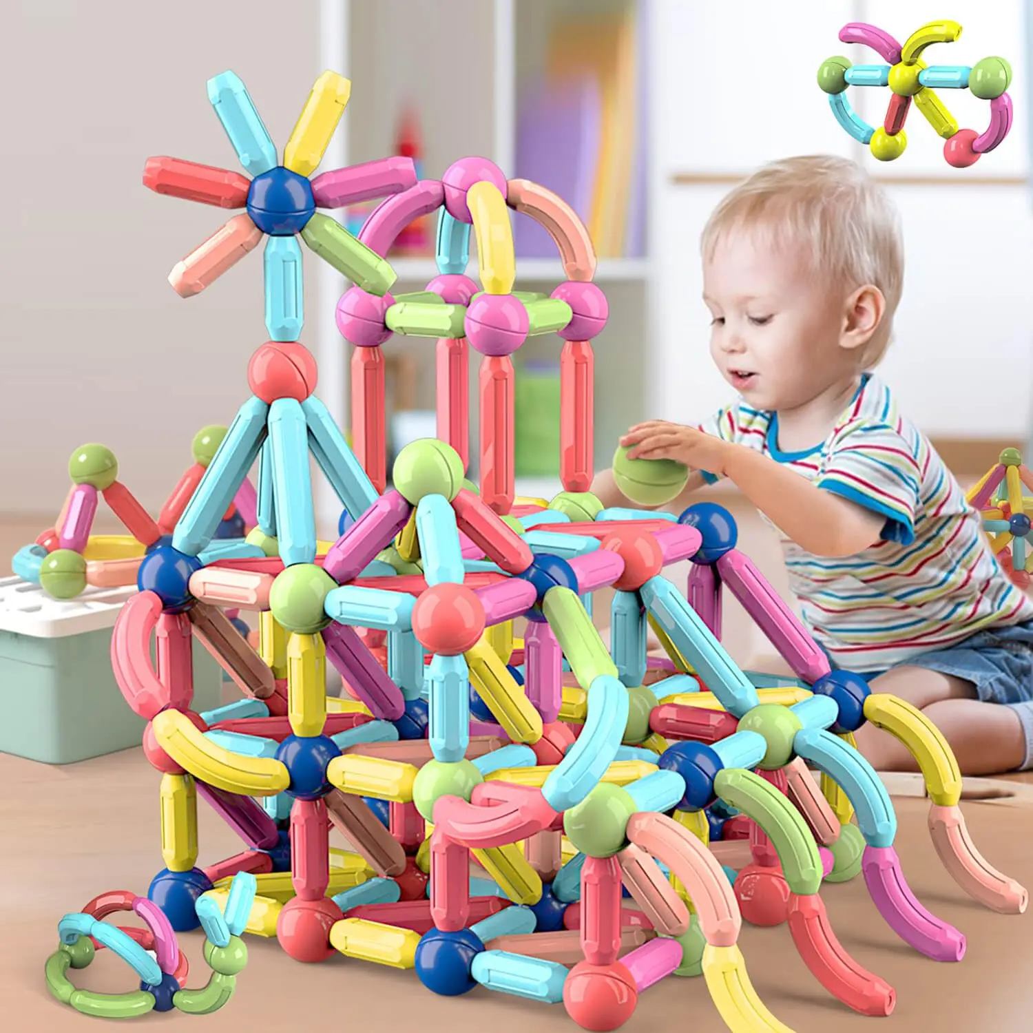Kindergarten Toys Age 2-4 Toddler Educational Toys Magnetic Blocks Balls and Rods Set 64 Pcs  Magnetic Stick Montessori Toys