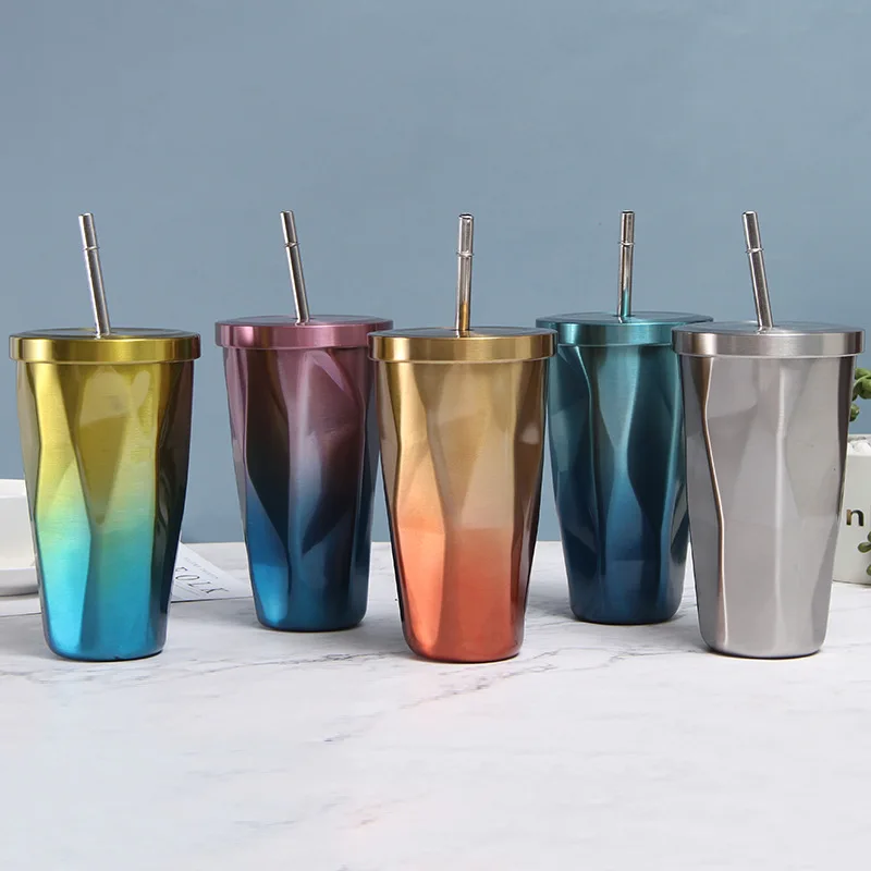 Diamond-shaped straw cup shaped ice cube juice milk tea cup multi-color cold retaining creative double-wall water bottle