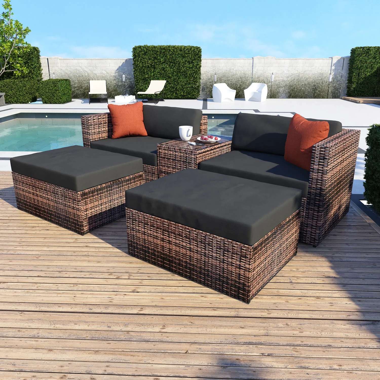 Уличный модульный секционный диван из ротанга, садовое кресло для внутреннего дворика, комплект из 5 плетеных диванов для разговора (62439958009)