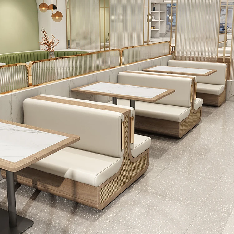 high end hotel restaurant fabric wood Indonesia natural rattan double side booth seating sofa with dining table and chair