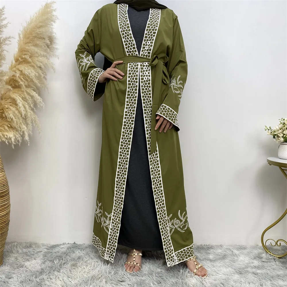 Muslim Robe Prayer Dress Lace Embroidered Cardigan Wholesale Islamic Jibabra Jastani Mock Skirt Dubai solid color Long Cardigan