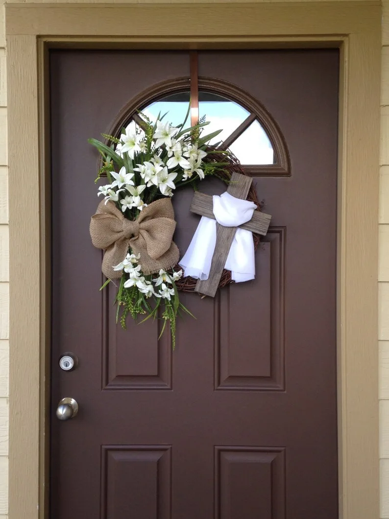 Easter Wreath with Cross Easter Bunny Wreath Door Hanging Decoration