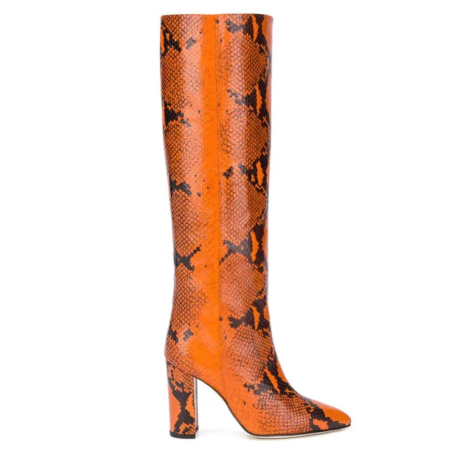 
Pointed Toe Thick High Heel Large Size Knee-length Boots Snake Print PU Boots OEM Sexy One-step Boots 