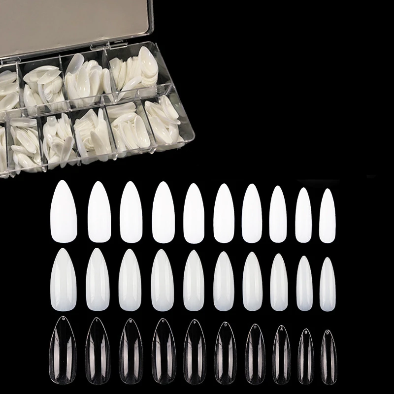 DongGuan 10 size Natural Transparent white 600 pieces almond nail tip with box Full Cover Fingernail ABS Artificial nails