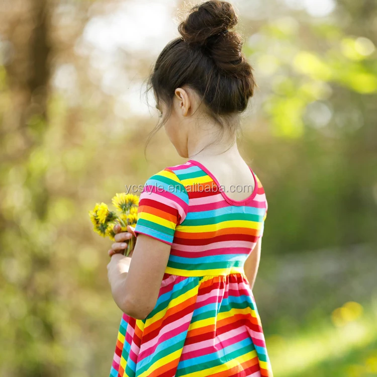 Cheap Prices Boho Design Rainbow Print Baby Girls 100 Cotton Dresses