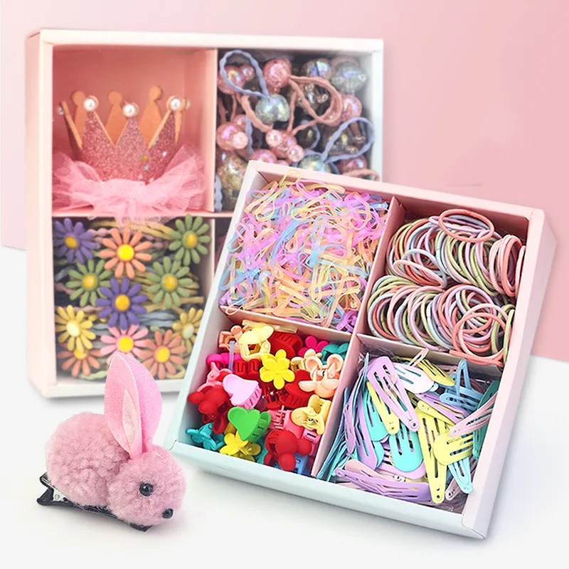 Children hair accessories set colored hair ties small flower hair clips rubber band for baby gift box