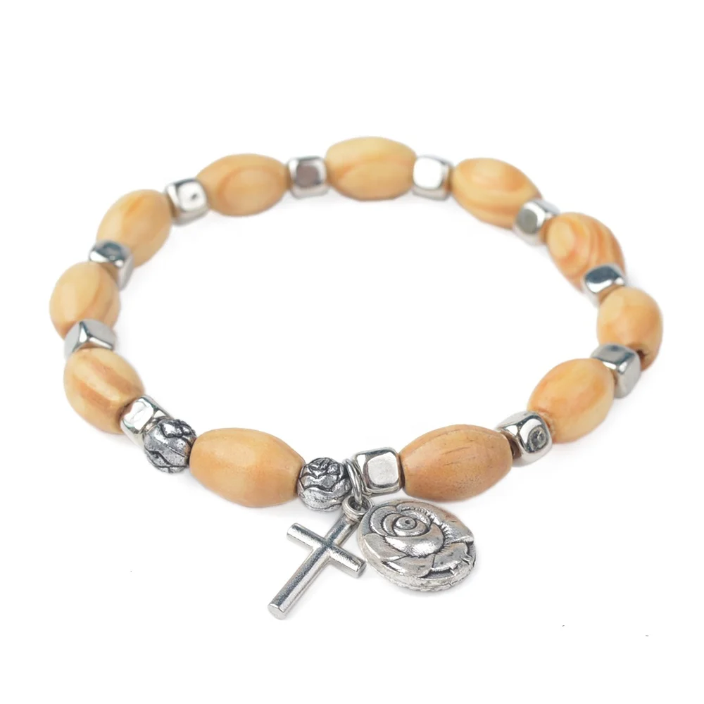 Высокое качество ручной работы овальный деревянный браслет из бусин с квадратным сплава четки розы аксессуары религиозный крест кулон орнамент