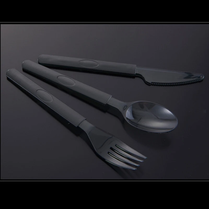 Disposable Black Long Handle Thickened Plastic Cutlery Fork Spoon Translucent