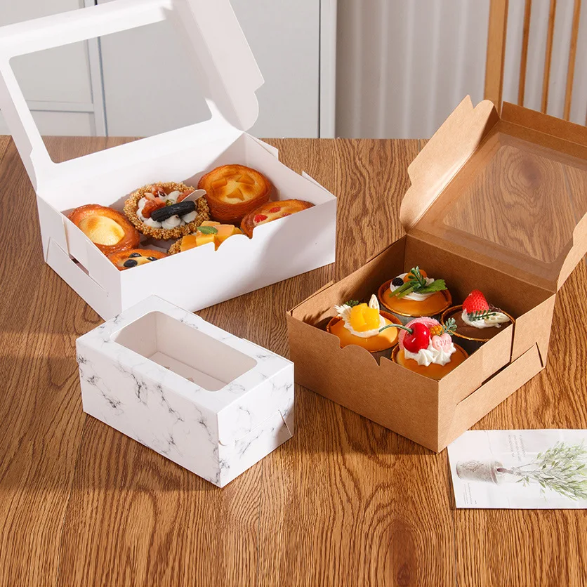 Multiple sizes disposable custom printed cup cake packaging boxes bakery bread cake takeout paper boxes with transparent windows