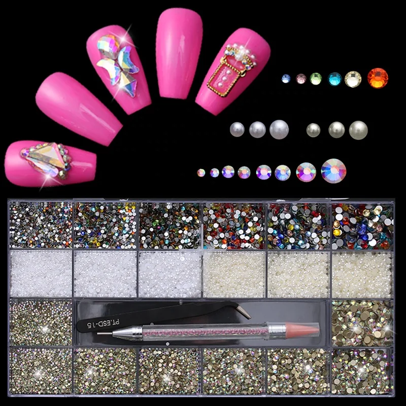 2021 New Design High Quality Nail Art Crystal Pearl Nail Charms Mixed Design Nail Accessories In Box Set