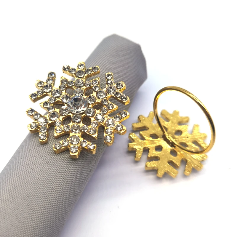 Wholesale gold coated metal crystal rhinestone Christmas wedding snowflake napkin rings
