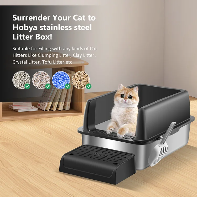New Pet Supplies Stainless Steel Kitty Litter Box Big Cat Litter Box Anti-Leakage Cat Toilet With High Sides And Scoop