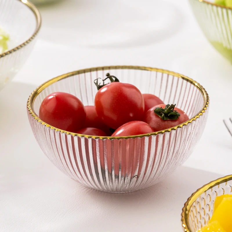 Wholesale European Popular Round Glass Bowl Set Vertical Stripped Bowl with Gold Rim for fruit dessert salad noodles