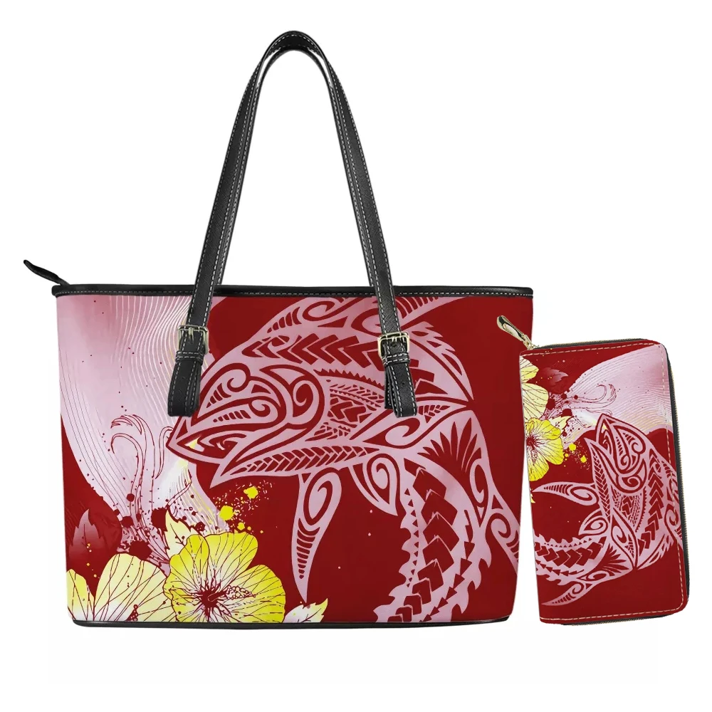 Factory Outlet Polynesian Samoa Tribal Shoulder Bag Red Fish Ethnic Printing Custom Women Vintage Leather Purses Handbags Sets